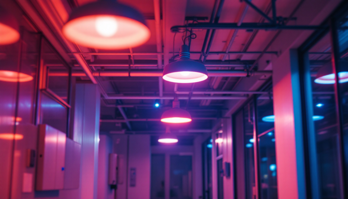 A photograph of a modern indoor environment featuring uv lights in use for sanitizing