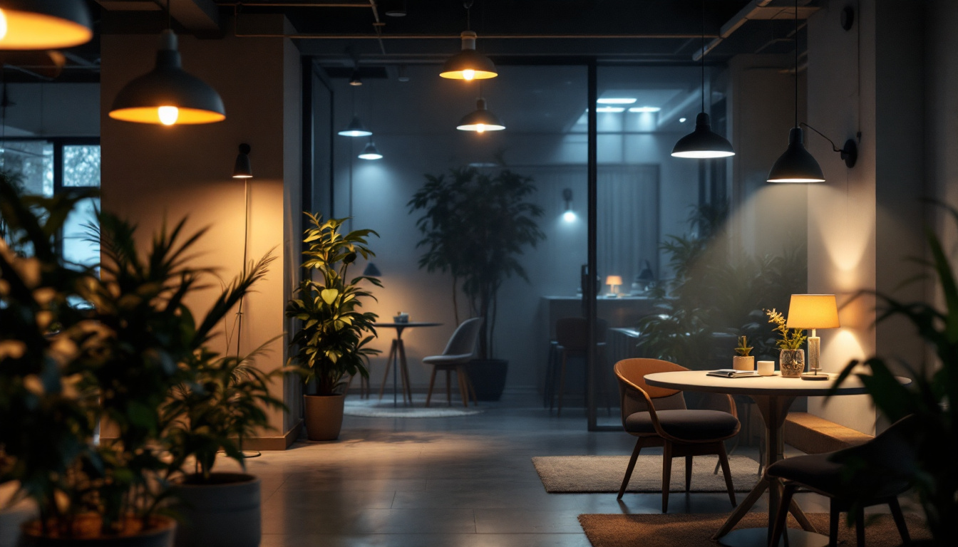 A photograph of a well-lit interior space showcasing various lighting fixtures in use