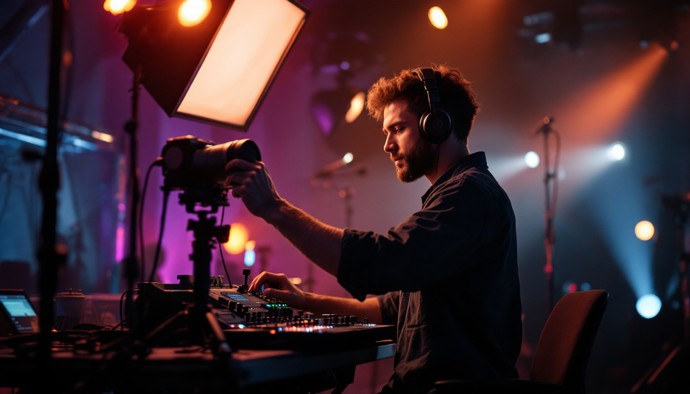 A photograph of a lighting engineer at work