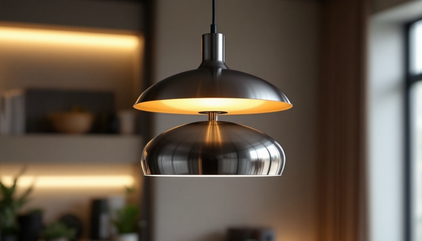A photograph of a sleek stainless steel pendant light fixture in a modern interior setting