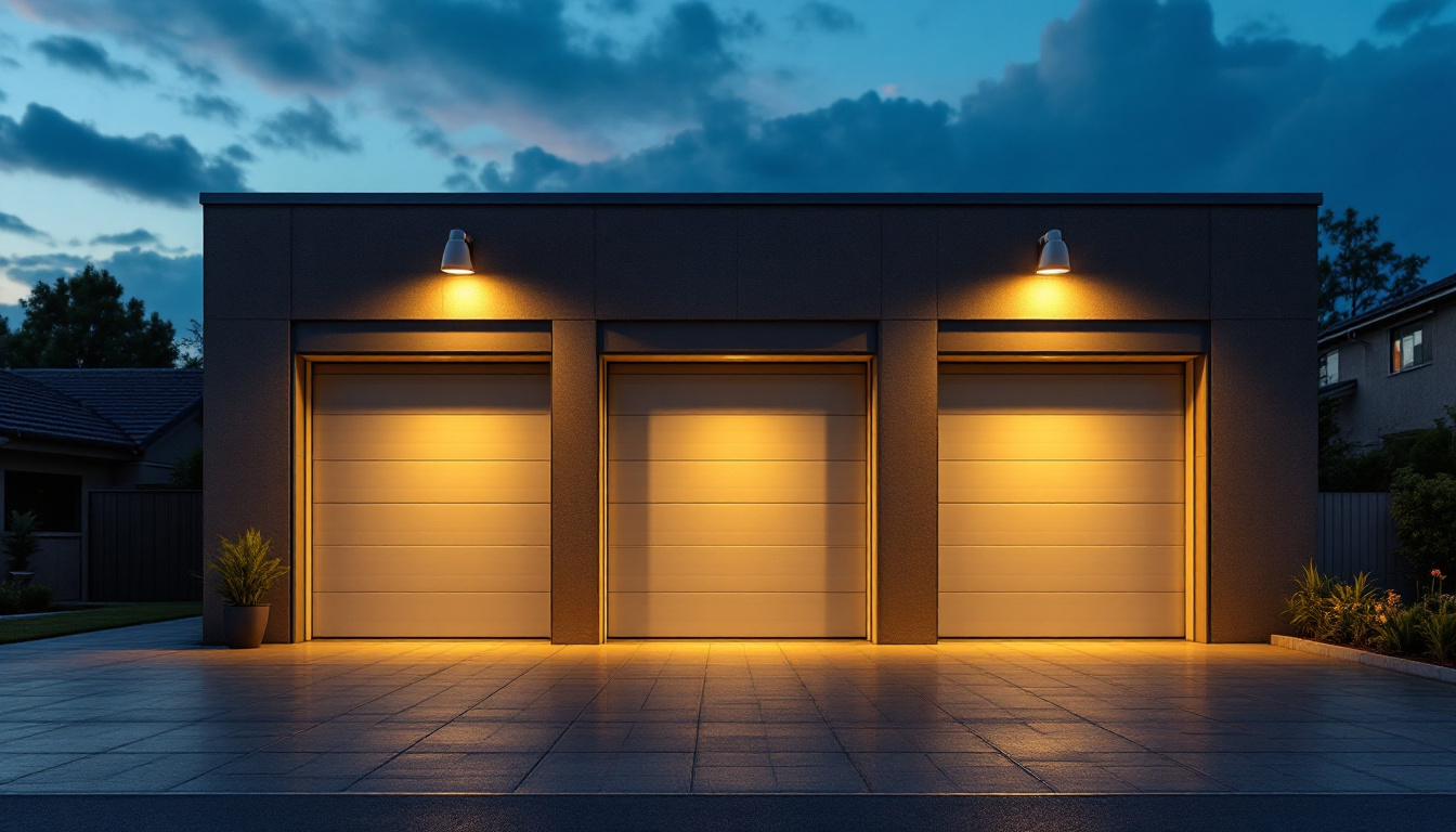 A photograph of a well-lit outdoor garage showcasing large