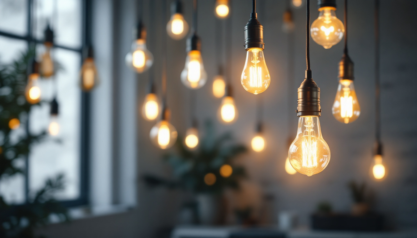 A photograph of a well-lit interior space showcasing a variety of light bulb styles in use