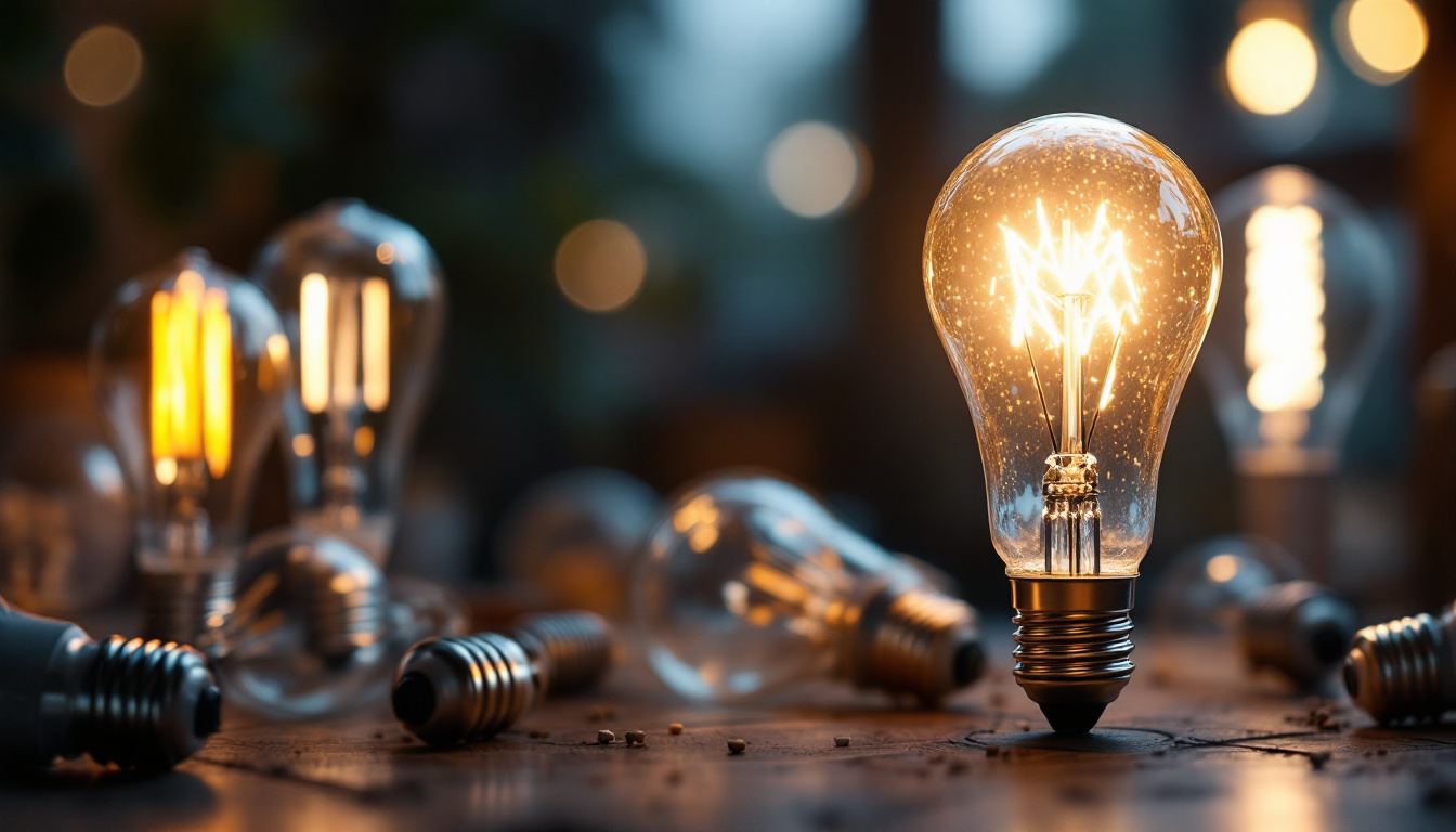 A photograph of a corn light bulb illuminated in a cozy indoor setting
