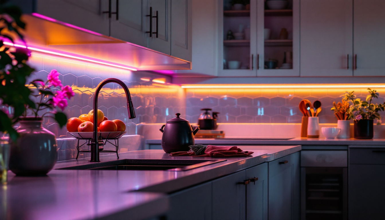 A photograph of a beautifully designed kitchen featuring stylish under cabinet ribbon lighting that highlights the countertop