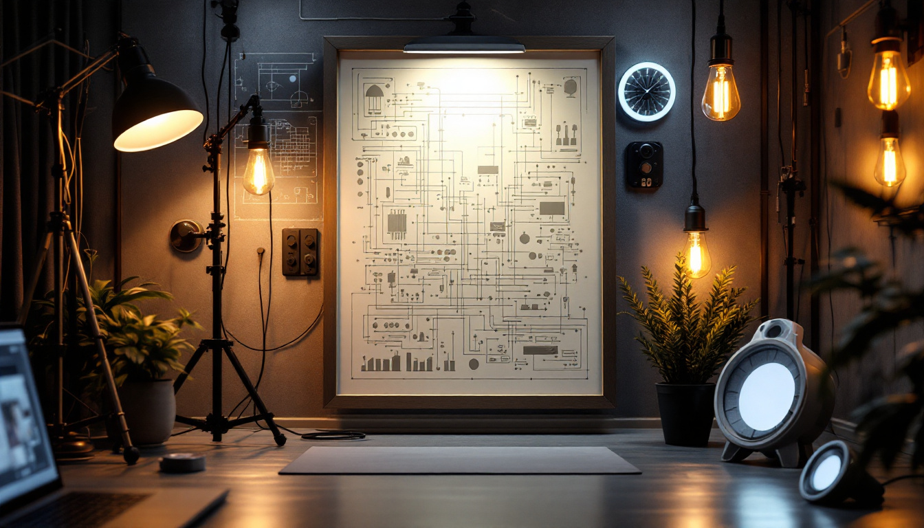 A photograph of a modern lighting design setup that showcases various types of light fixtures