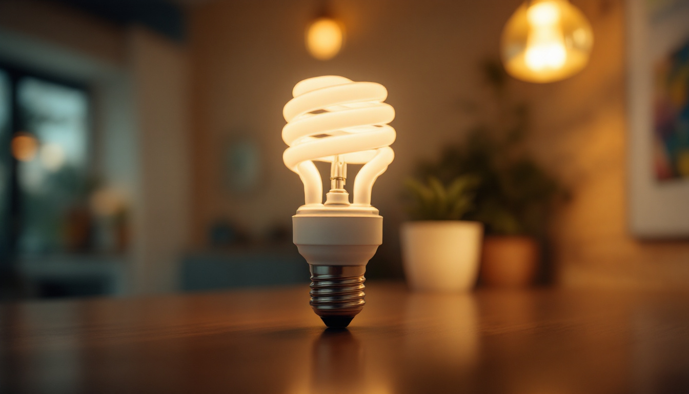 A photograph of a close-up of a 13w cfl bulb in a well-lit room