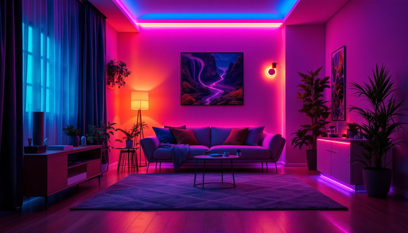 A photograph of a stylishly designed room illuminated by vibrant led tape lights