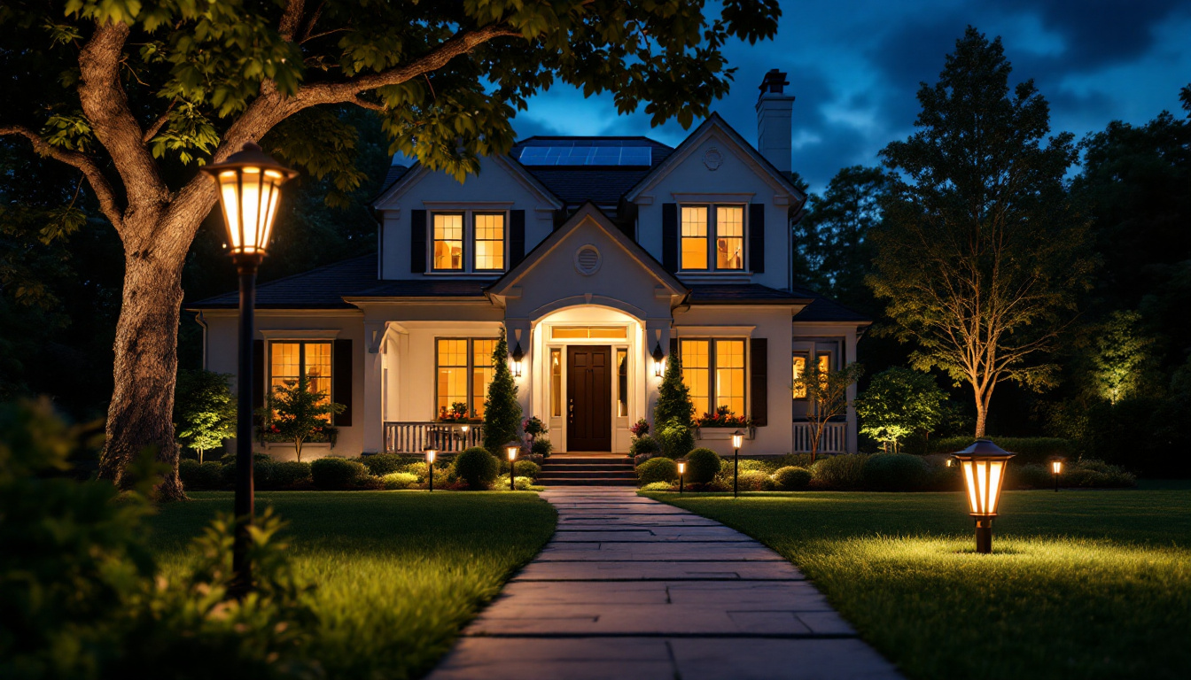 A photograph of a beautifully landscaped yard illuminated by both industrial and commercial solar led yard lights at dusk