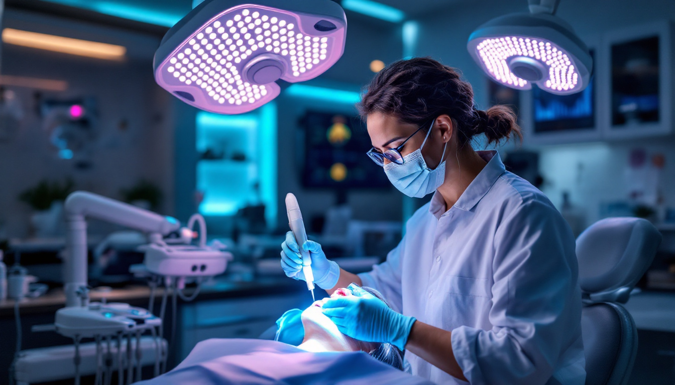A photograph of a dental professional in a modern clinic