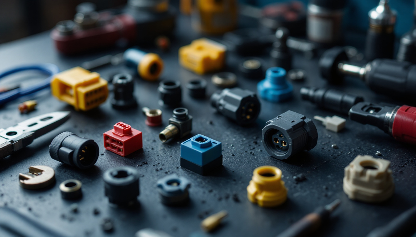 A photograph of a close-up shot of various waterproof car electrical connectors arranged on a workbench
