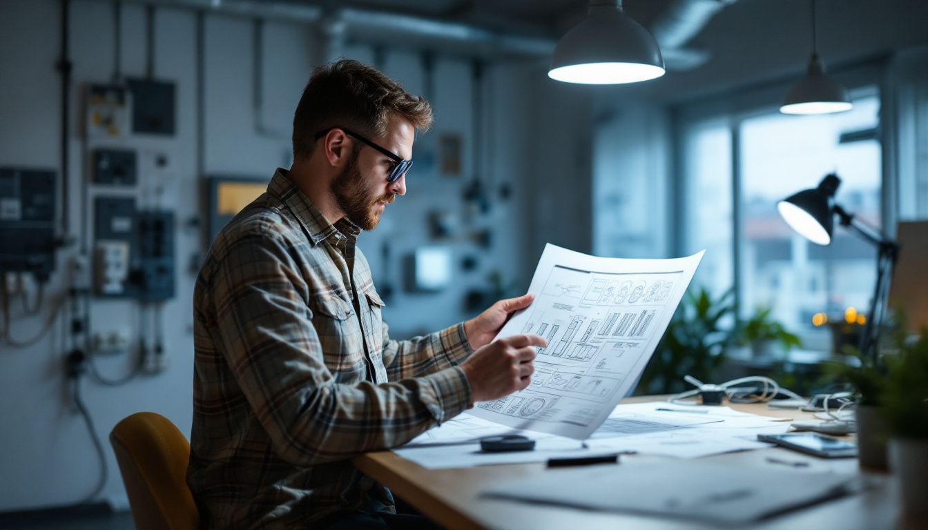 A photograph of a well-lit workspace featuring an electrical engineer examining a detailed lighting plan