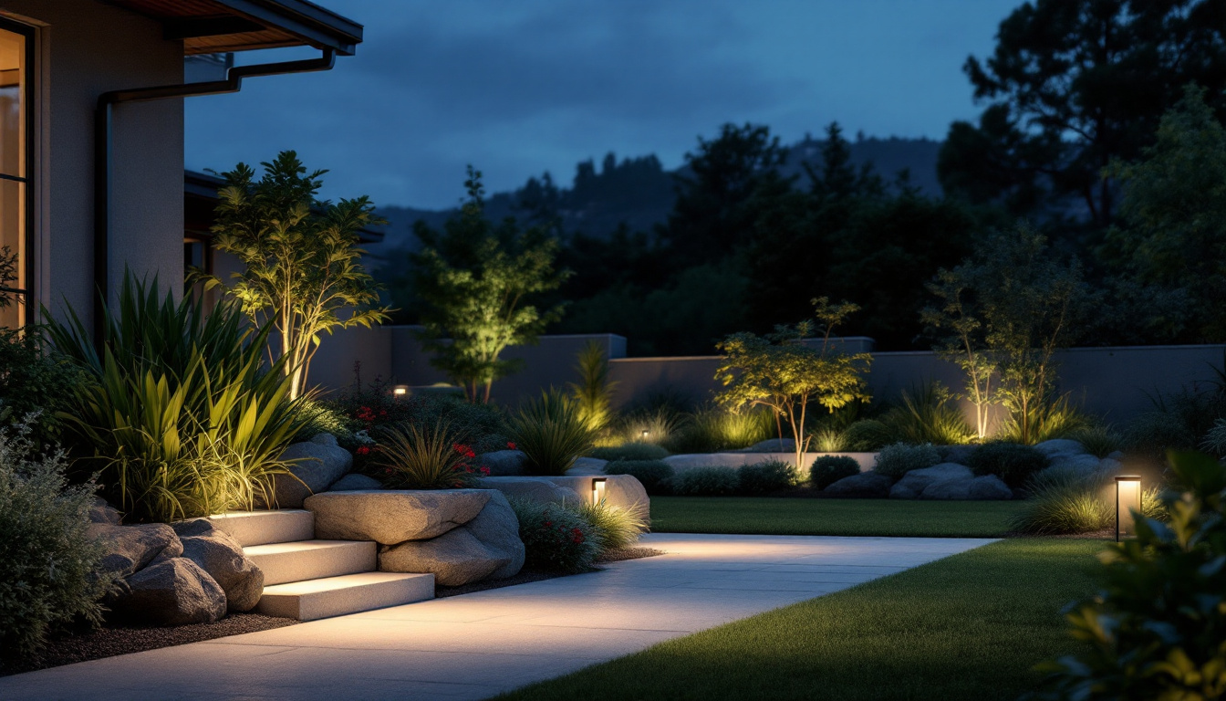 A photograph of a beautifully landscaped exterior space illuminated by led flood lights