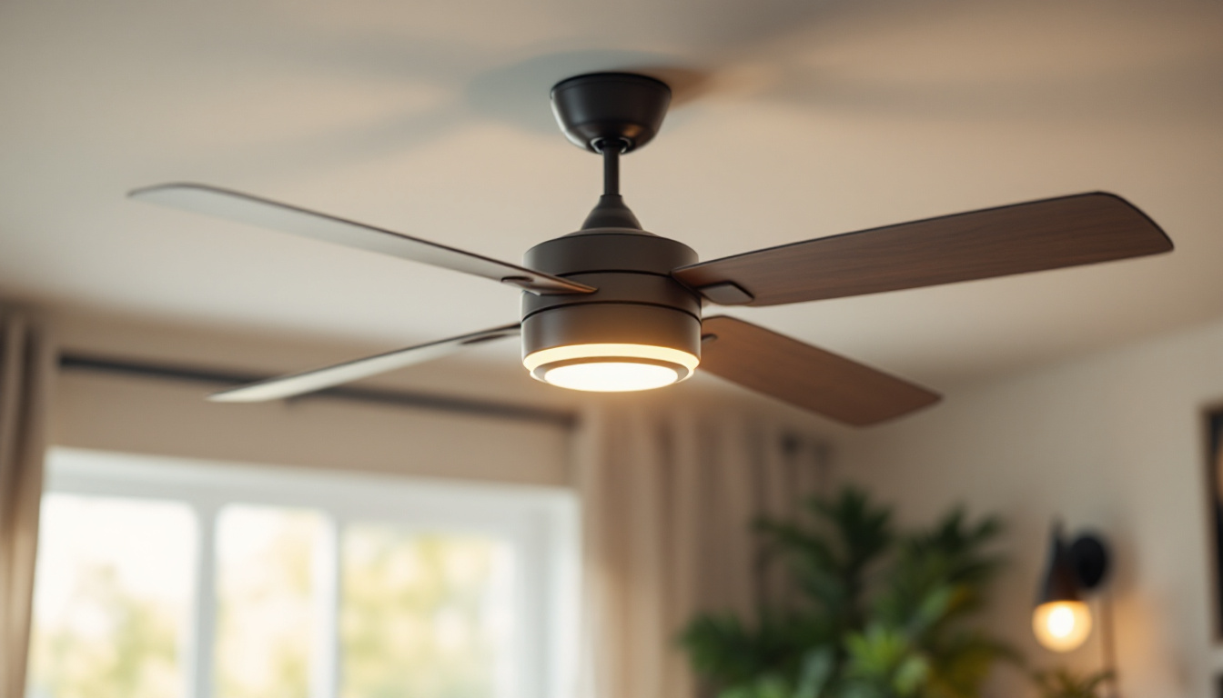 A photograph of a stylish ceiling fan with an integrated speed control switch in a well-lit room