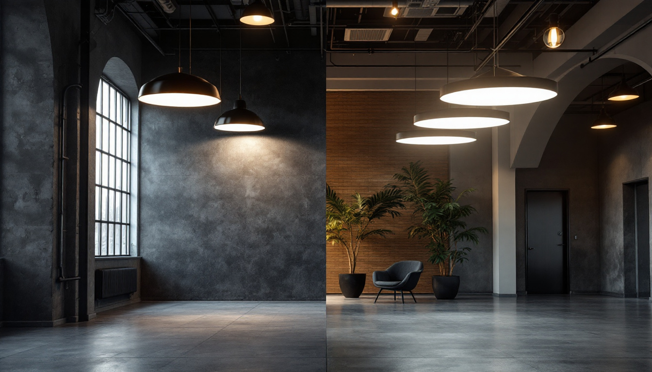 A photograph of a modern industrial space featuring contrasting lighting designs