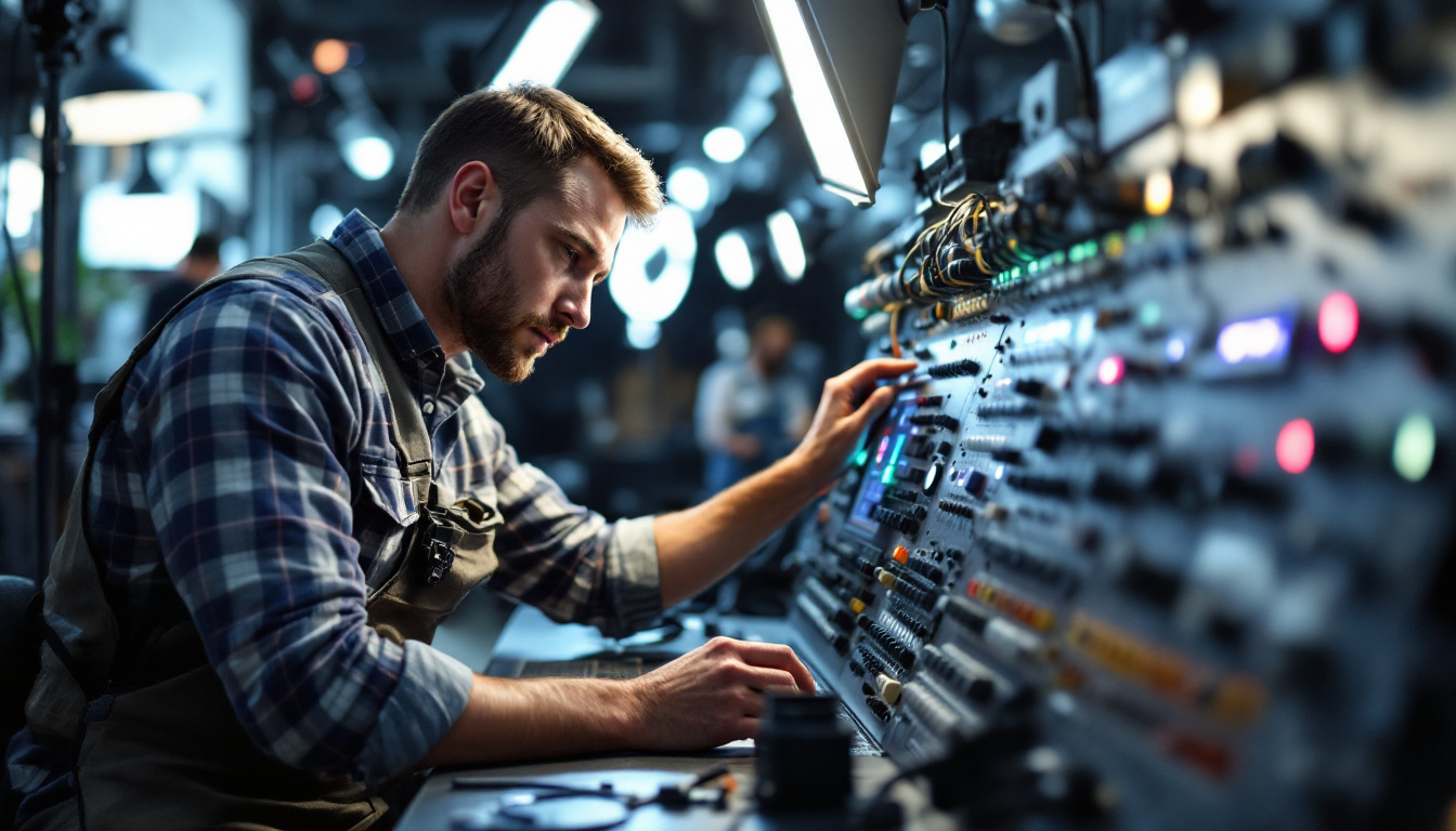A photograph of a lighting engineer meticulously examining a switchboard