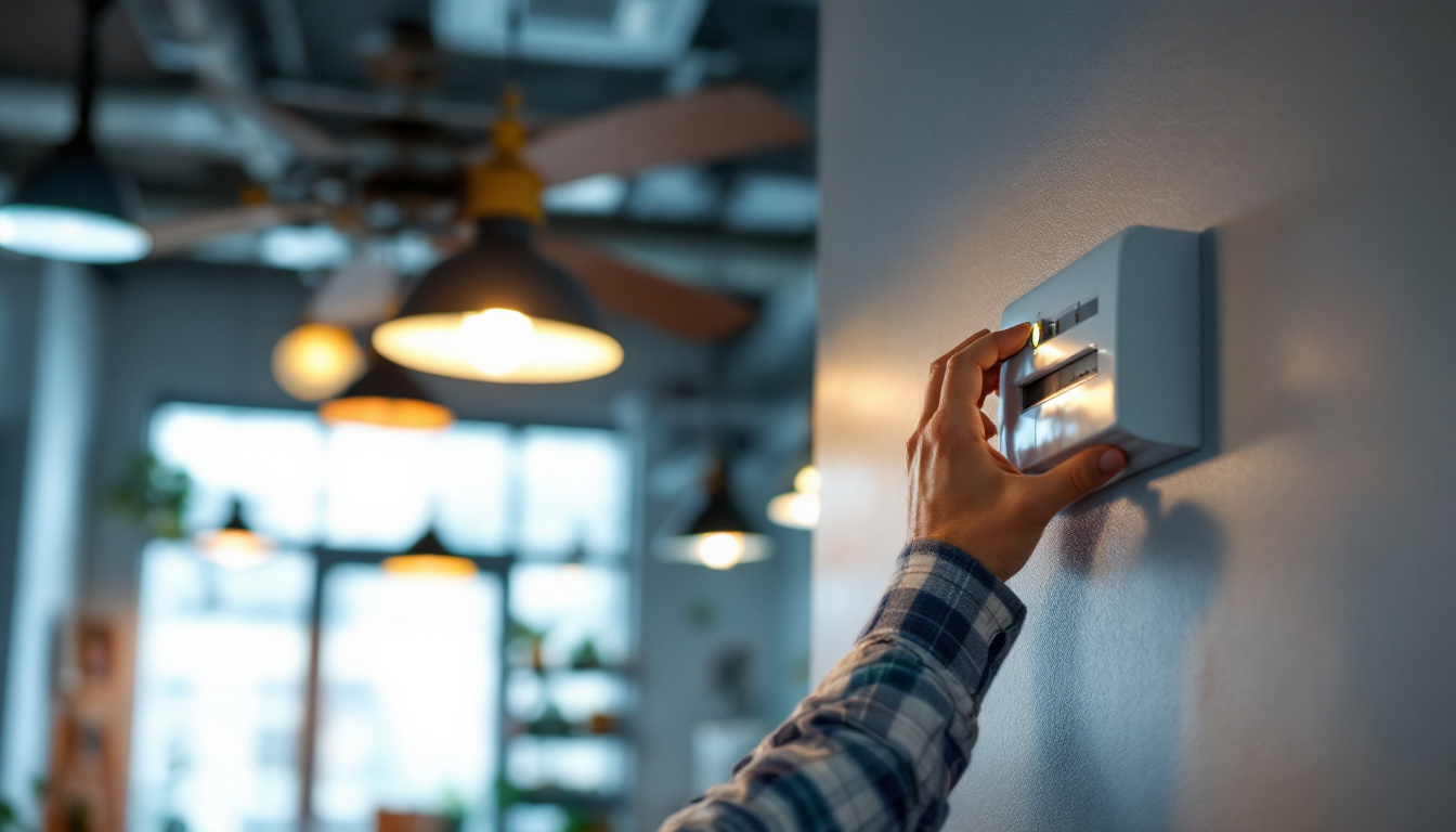A photograph of a technician adjusting a fan speed switch in a well-lit room
