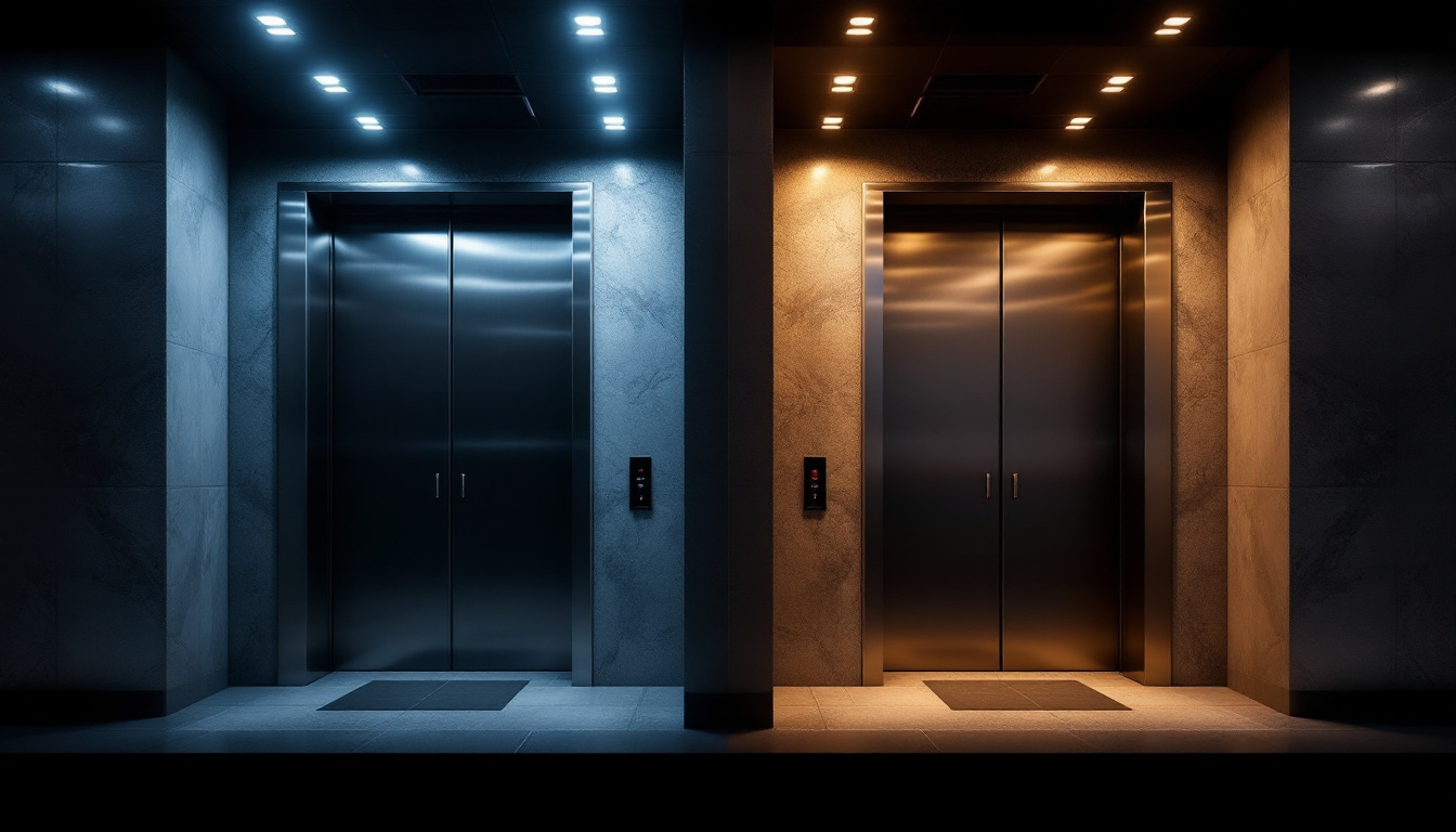 A photograph of a side-by-side comparison of industrial and commercial elevator lighting designs