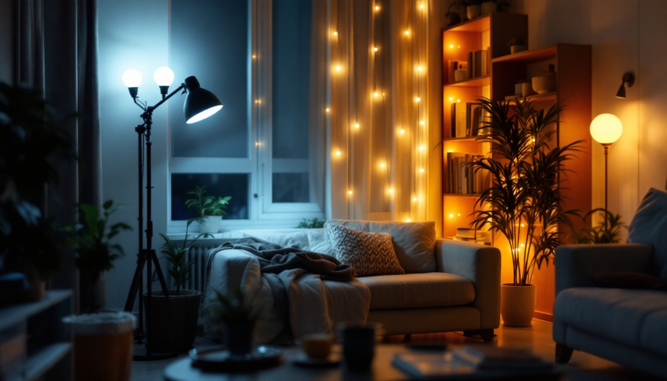 A photograph of a cozy living space featuring a variety of led lights at different brightness levels