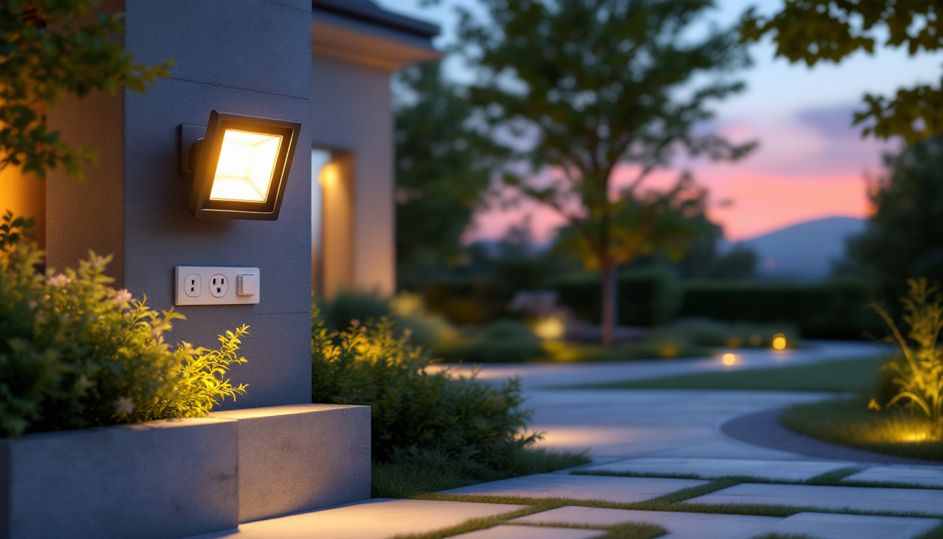 A photograph of a beautifully designed outdoor space featuring a floodlight with an integrated outlet