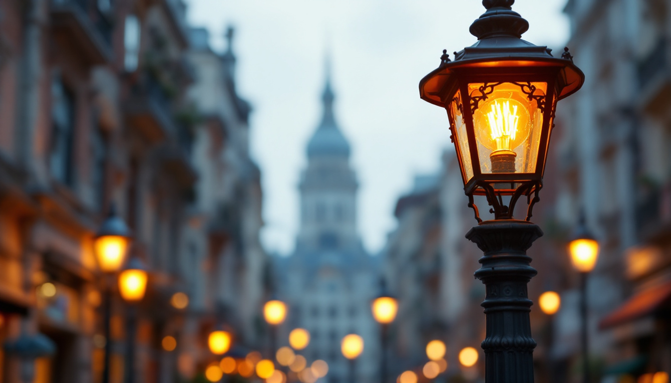 A photograph of a beautifully restored vintage lamp post in an urban setting