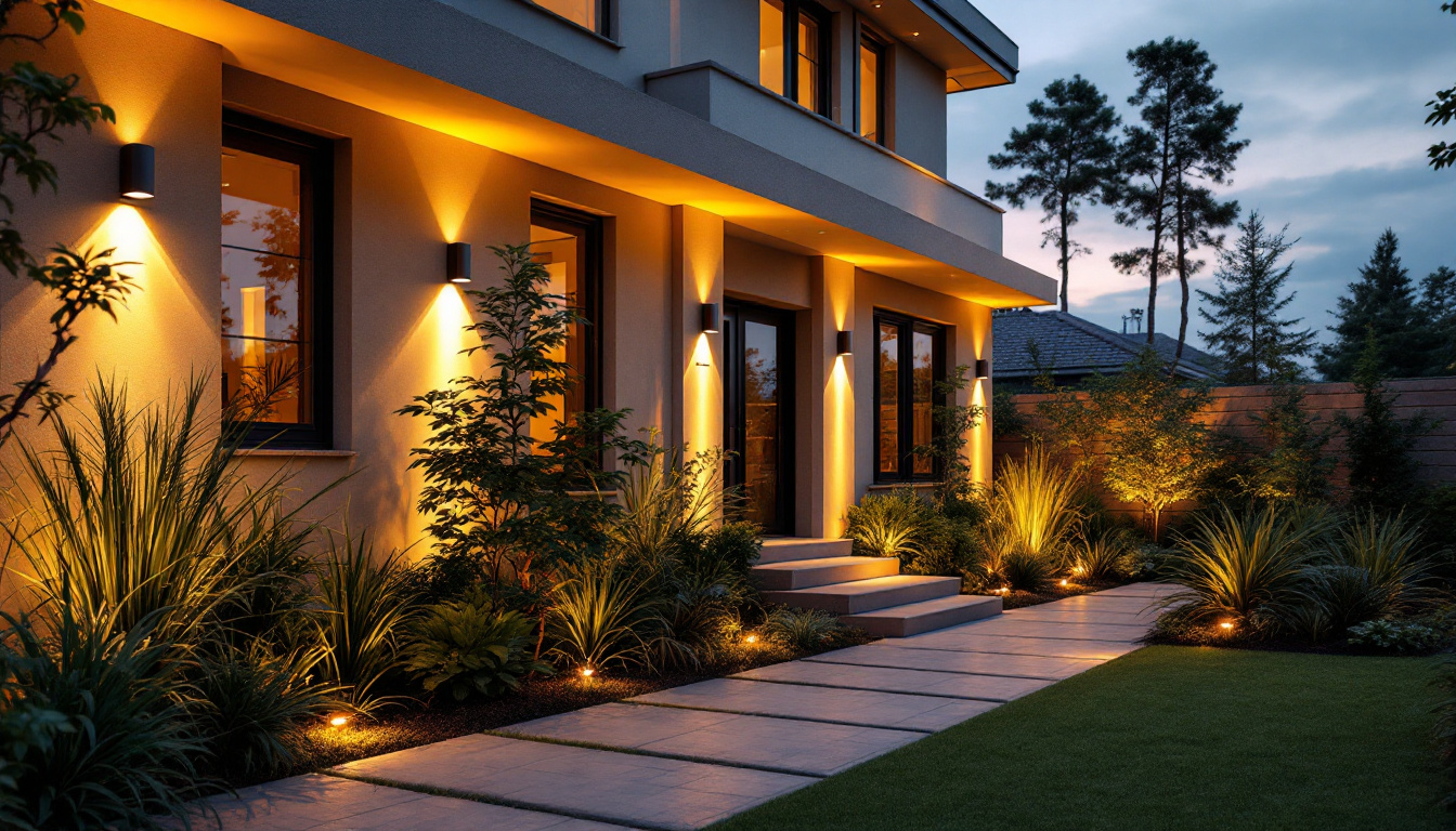 A photograph of a beautifully designed outdoor space illuminated by contemporary house lights at dusk