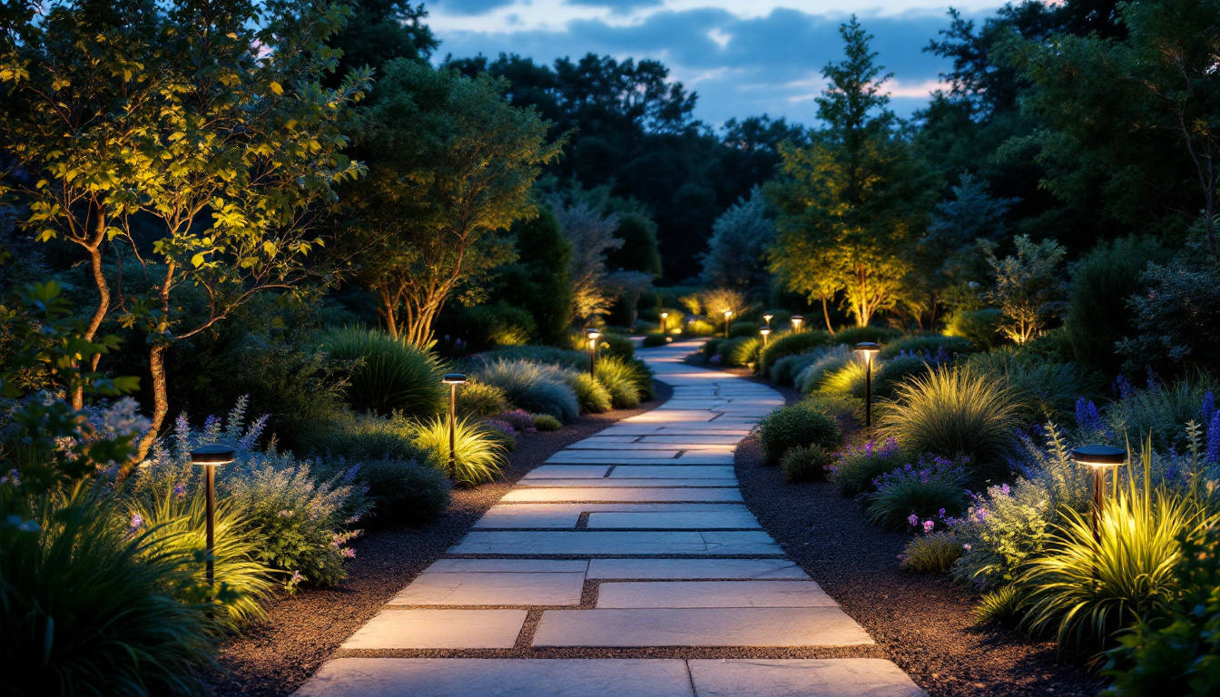 A photograph of a beautifully landscaped garden at dusk