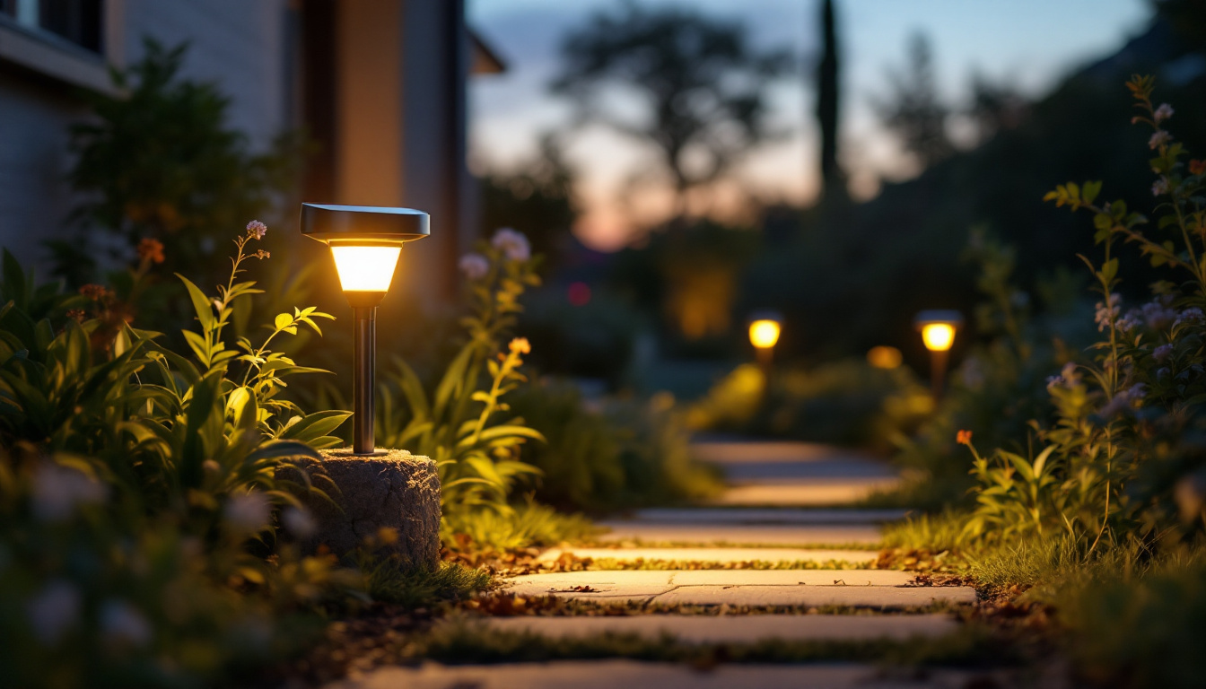 A photograph of a beautifully designed solar-powered yard spotlight illuminating a garden pathway at dusk