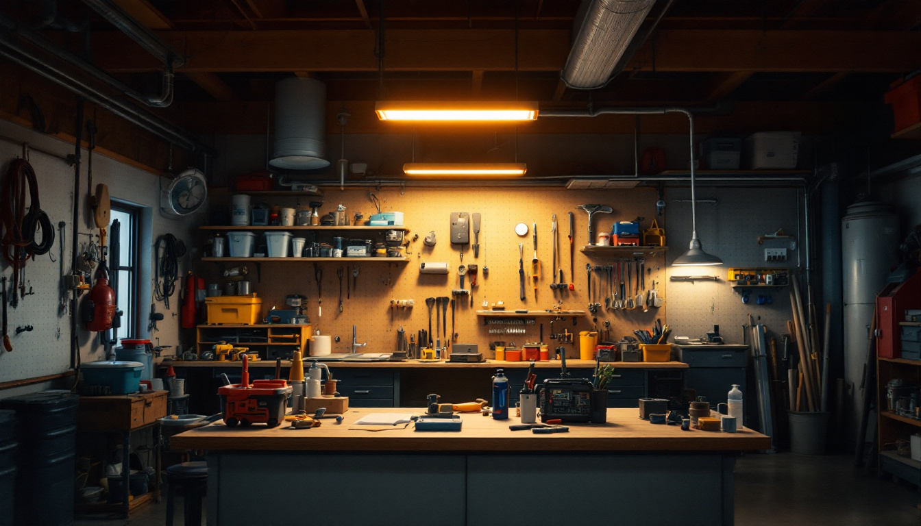 A photograph of a well-lit workshop or garage setting featuring lowe's led shop lights in action