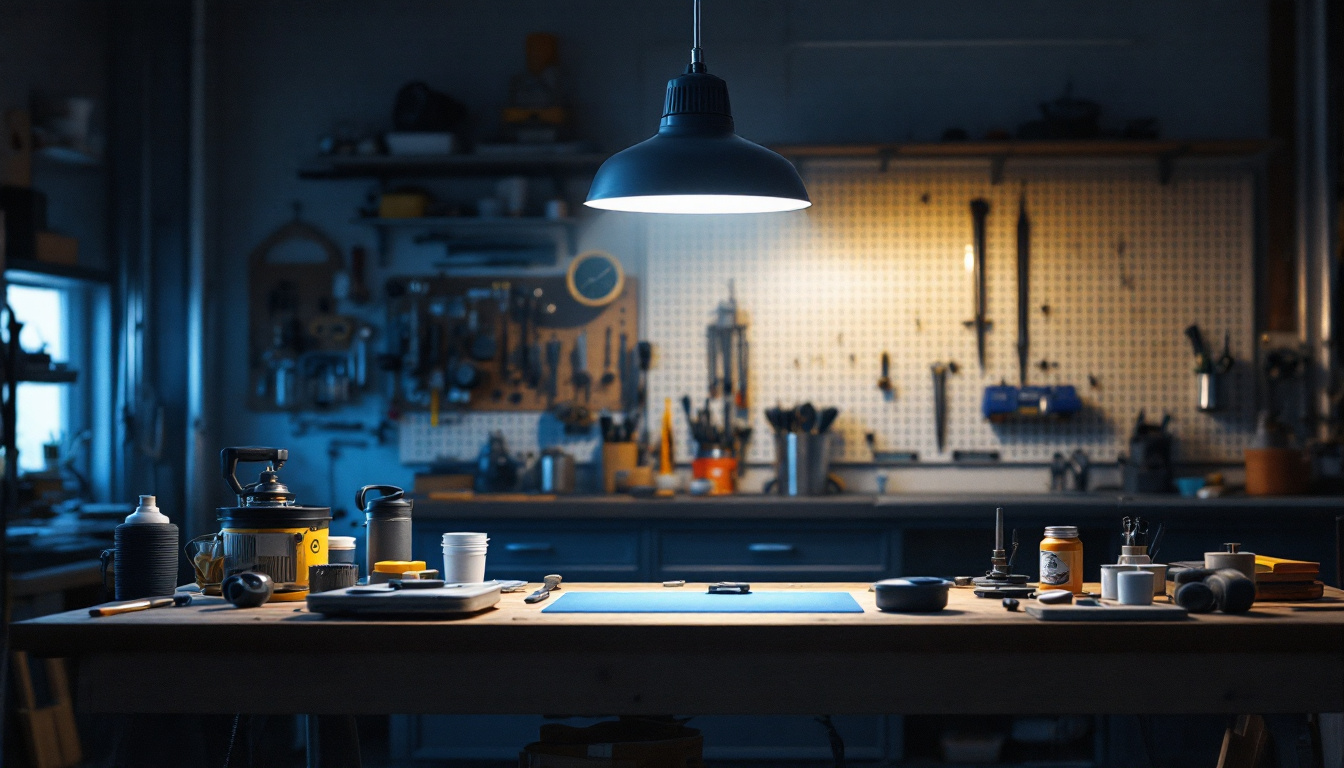 A photograph of a well-lit workshop or garage featuring a lowes led shop light illuminating a workbench