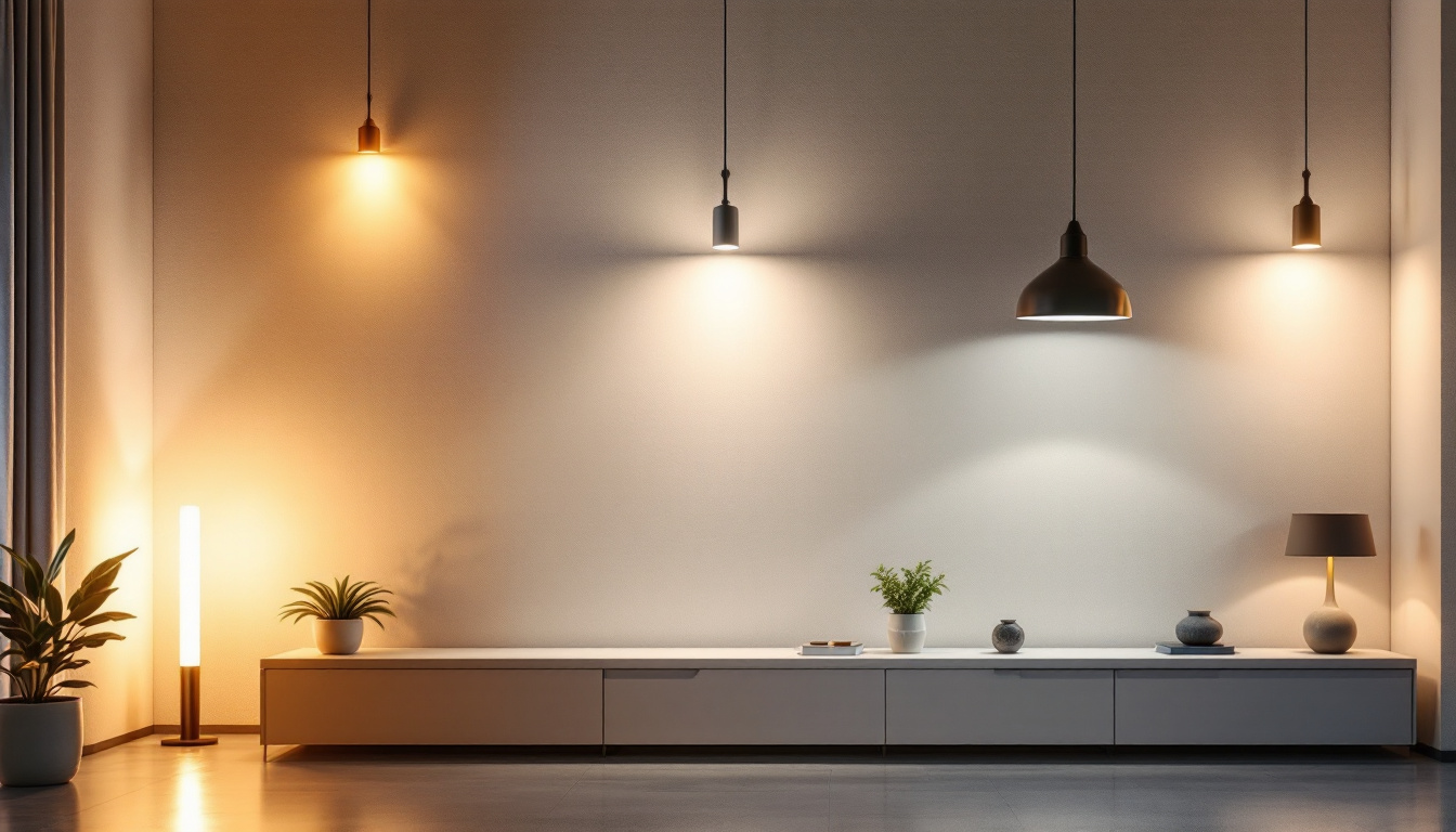 A photograph of a well-lit interior space showcasing various lighting fixtures