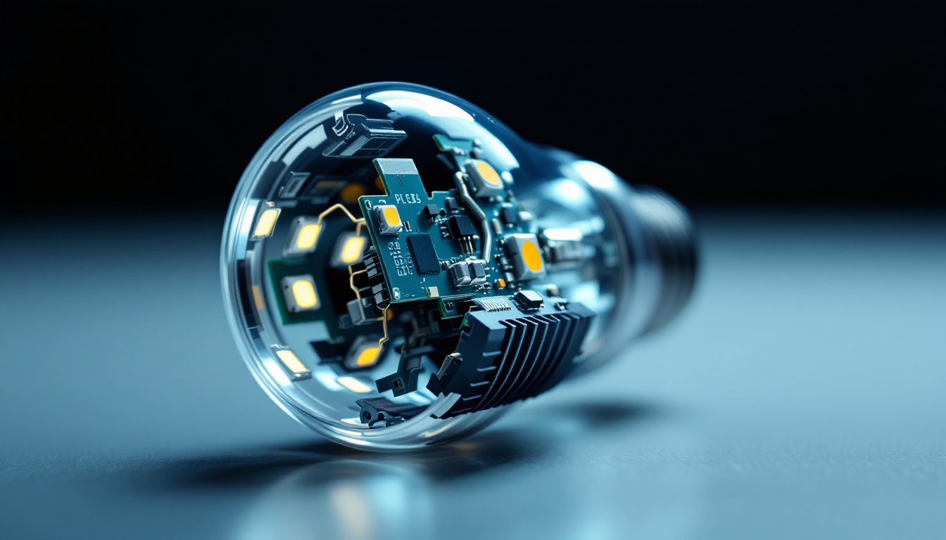 A photograph of a close-up of a led light bulb disassembled to showcase its internal components