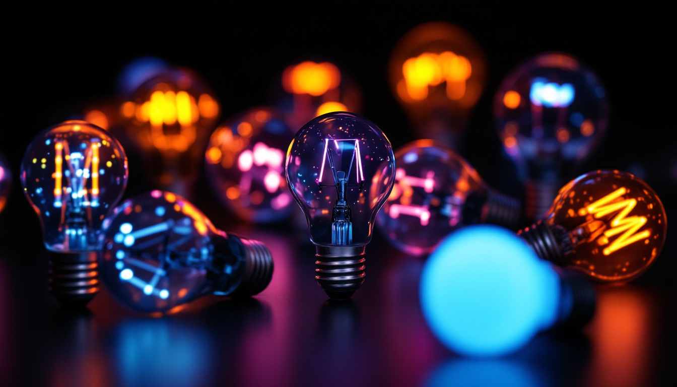 A photograph of a close-up shot of various led light bulbs in different colors