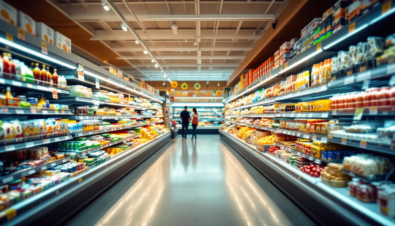A photograph of a well-lit grocery store aisle showcasing various product sections