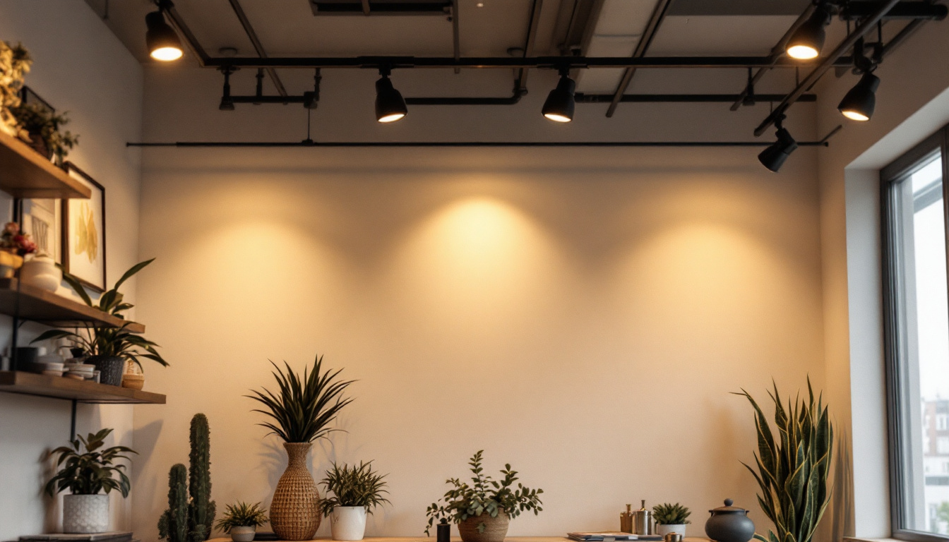 A photograph of a well-lit interior space featuring recessed eyeball can lights in various positions