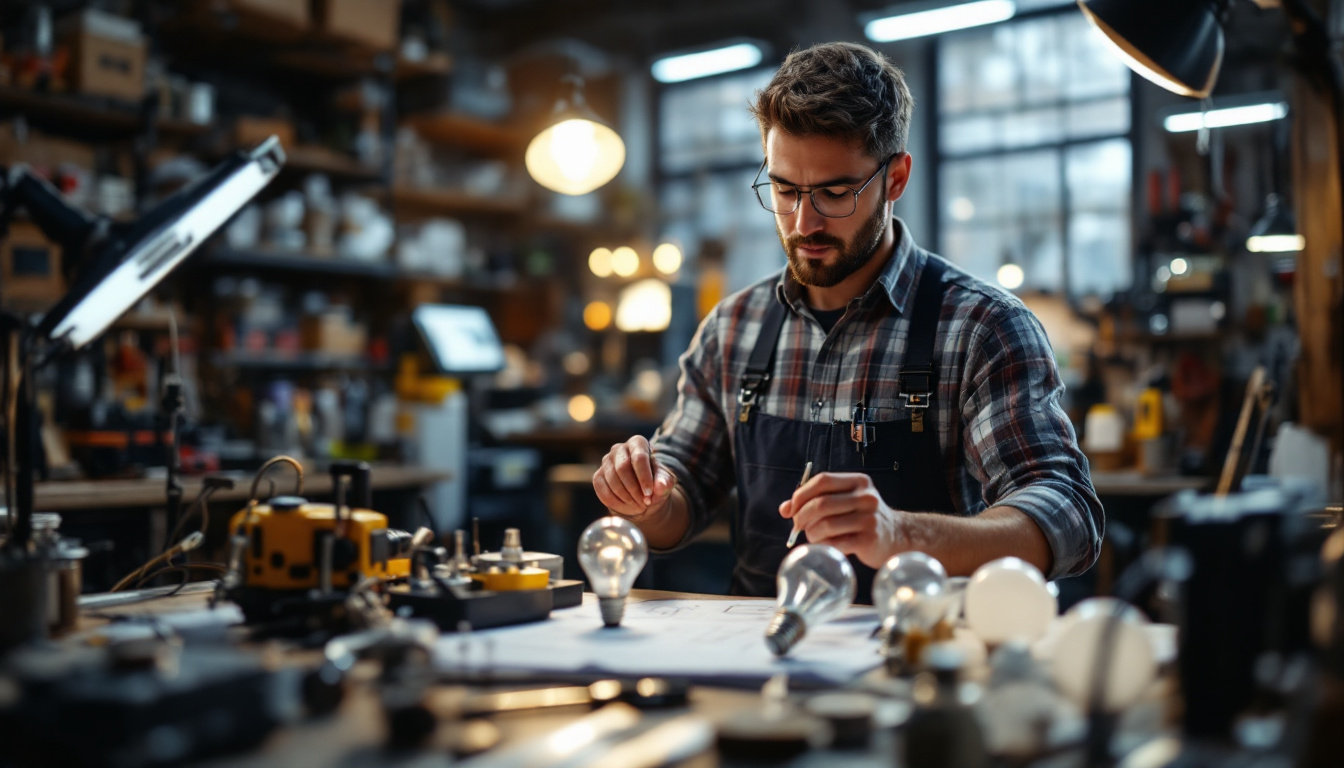 A photograph of a lighting engineer meticulously inspecting various light bulb types and their specifications on a detailed checklist
