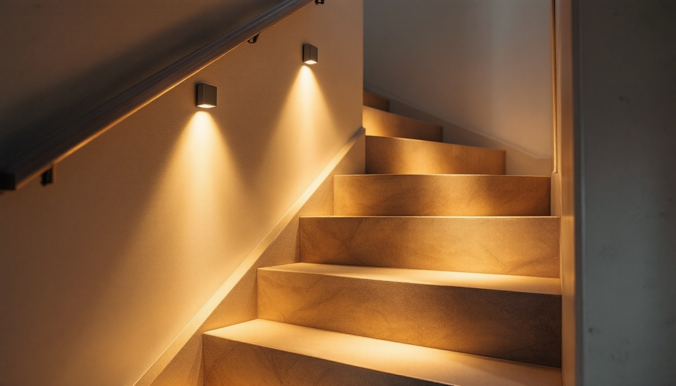 A photograph of a beautifully designed side mount stair lighting installation