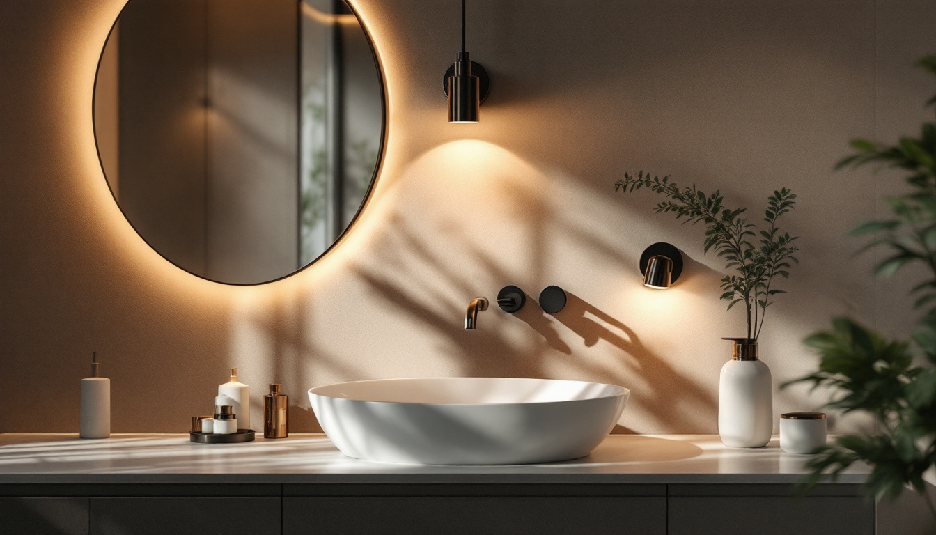 A photograph of a beautifully designed bathroom featuring modern light fixtures