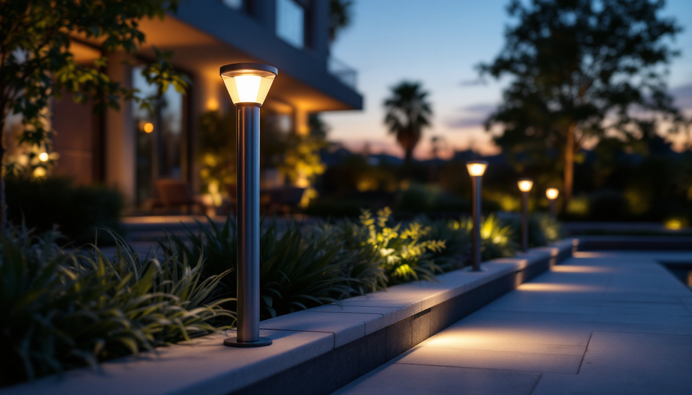 A photograph of a modern outdoor setting illuminated by sleek led post lights at dusk