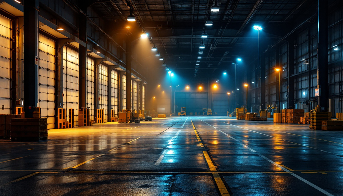 A photograph of a well-lit warehouse dock scene showcasing various types of dock lights in use