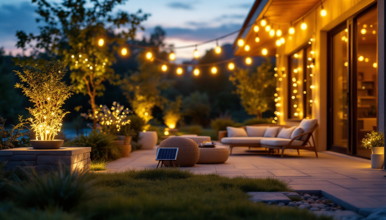A photograph of a beautifully lit outdoor space featuring various low-cost lighting options