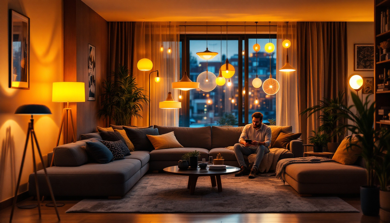A photograph of a modern living room illuminated by various stylish led lights