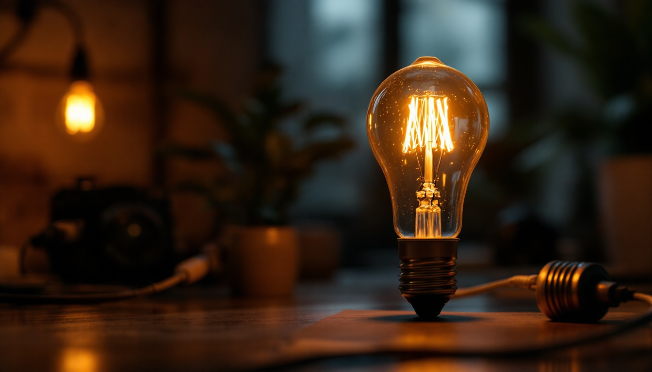 A photograph of a 120v 60w incandescent light bulb illuminated in a cozy indoor setting