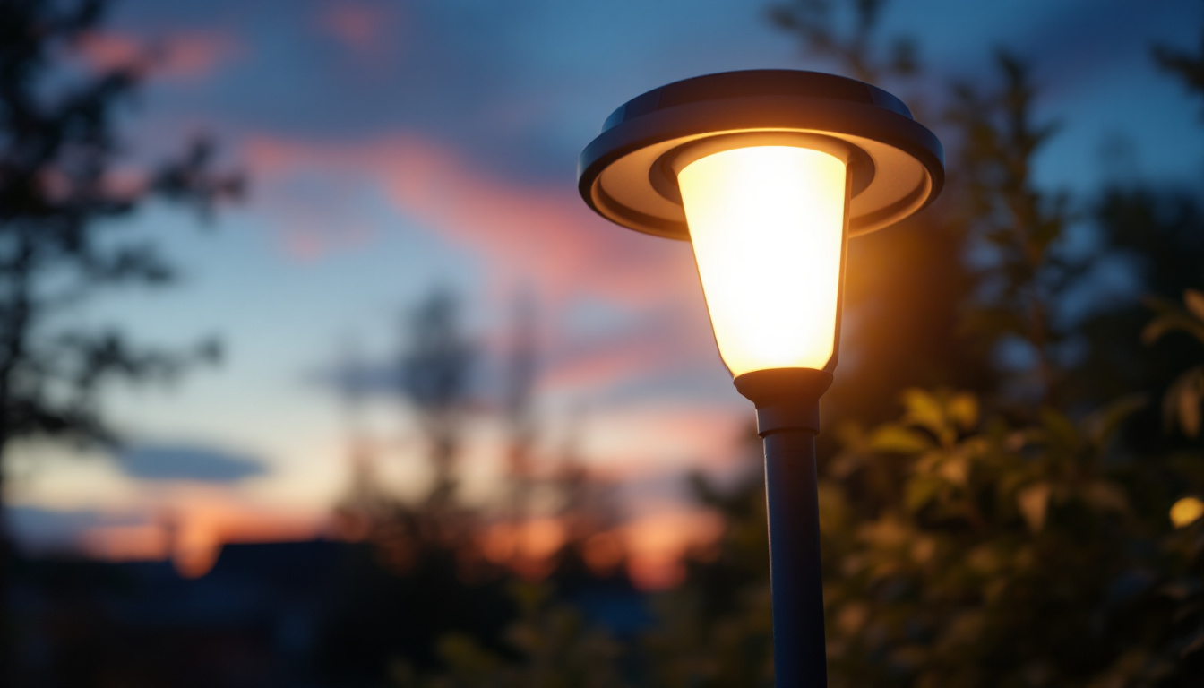 A photograph of a solar lamp illuminated at dusk