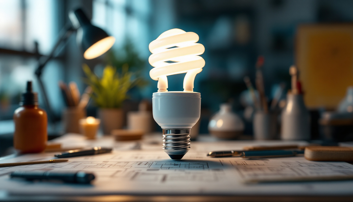 A photograph of a 13-watt compact fluorescent bulb in a well-lit workspace