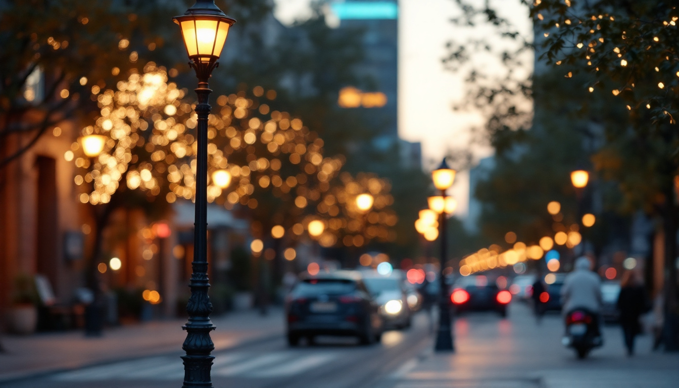 A photograph of capture a photograph of a beautifully designed decorative light pole in an urban setting