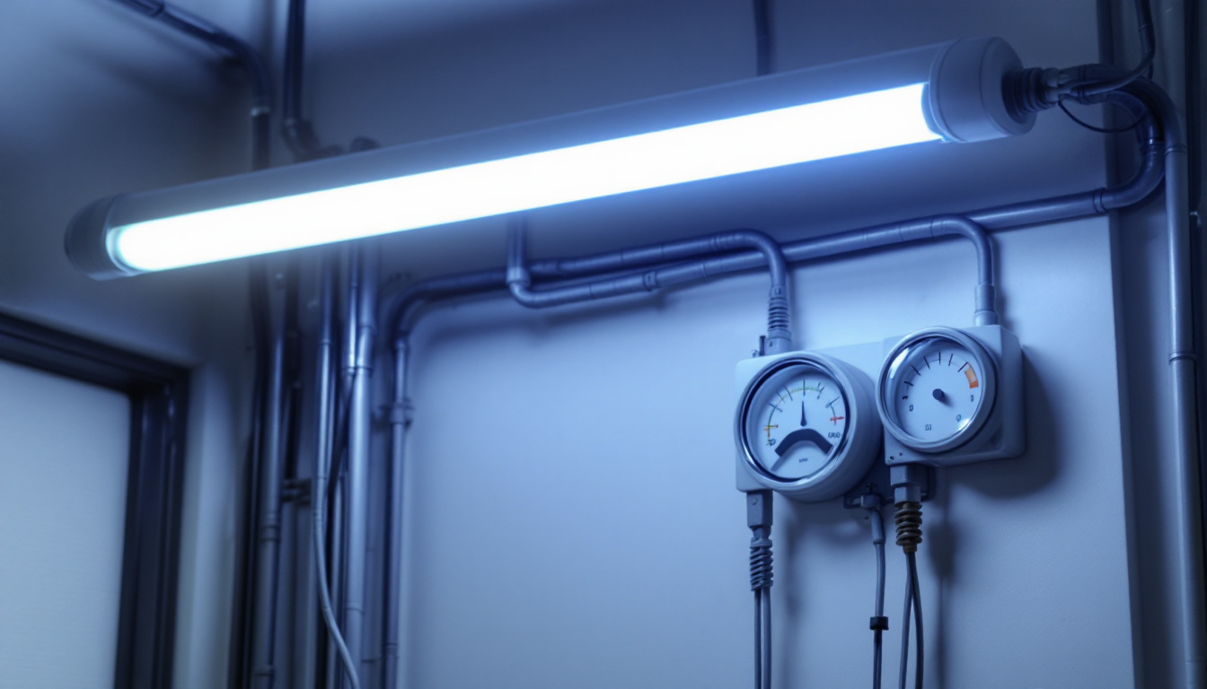 A photograph of a 2ft fluorescent tube installed in a well-lit environment
