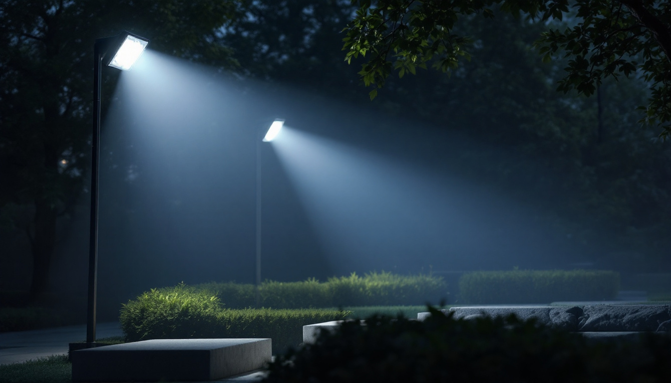 A photograph of a well-lit outdoor scene showcasing rab flood lights in action