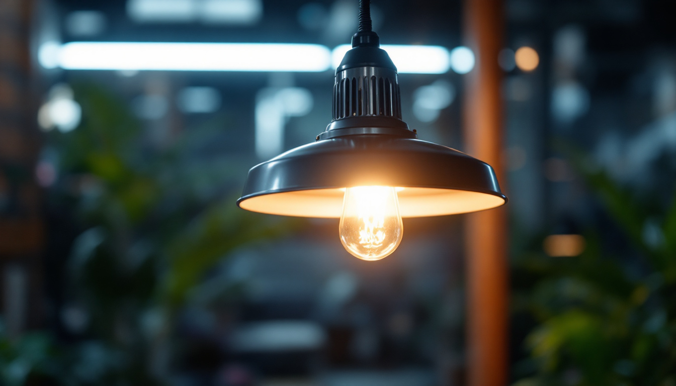 A photograph of a metal halide lamp fixture illuminated in a dynamic lighting environment