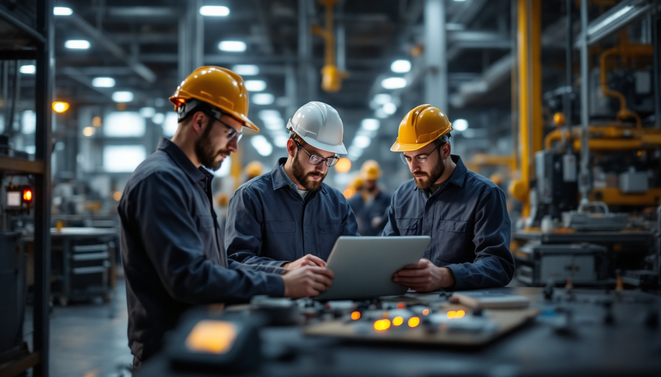 A photograph of a dynamic industrial setting showcasing electrical engineers collaborating on innovative solutions