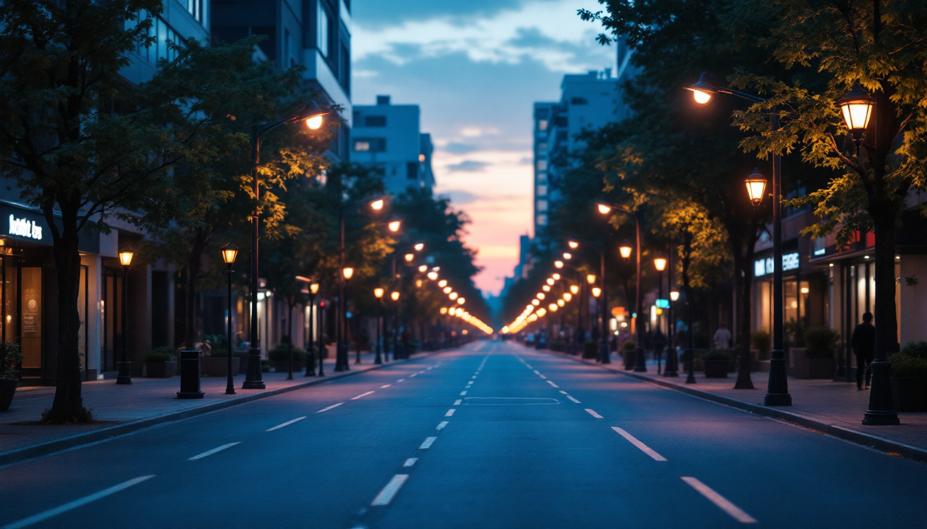 A photograph of a well-lit urban street scene at dusk